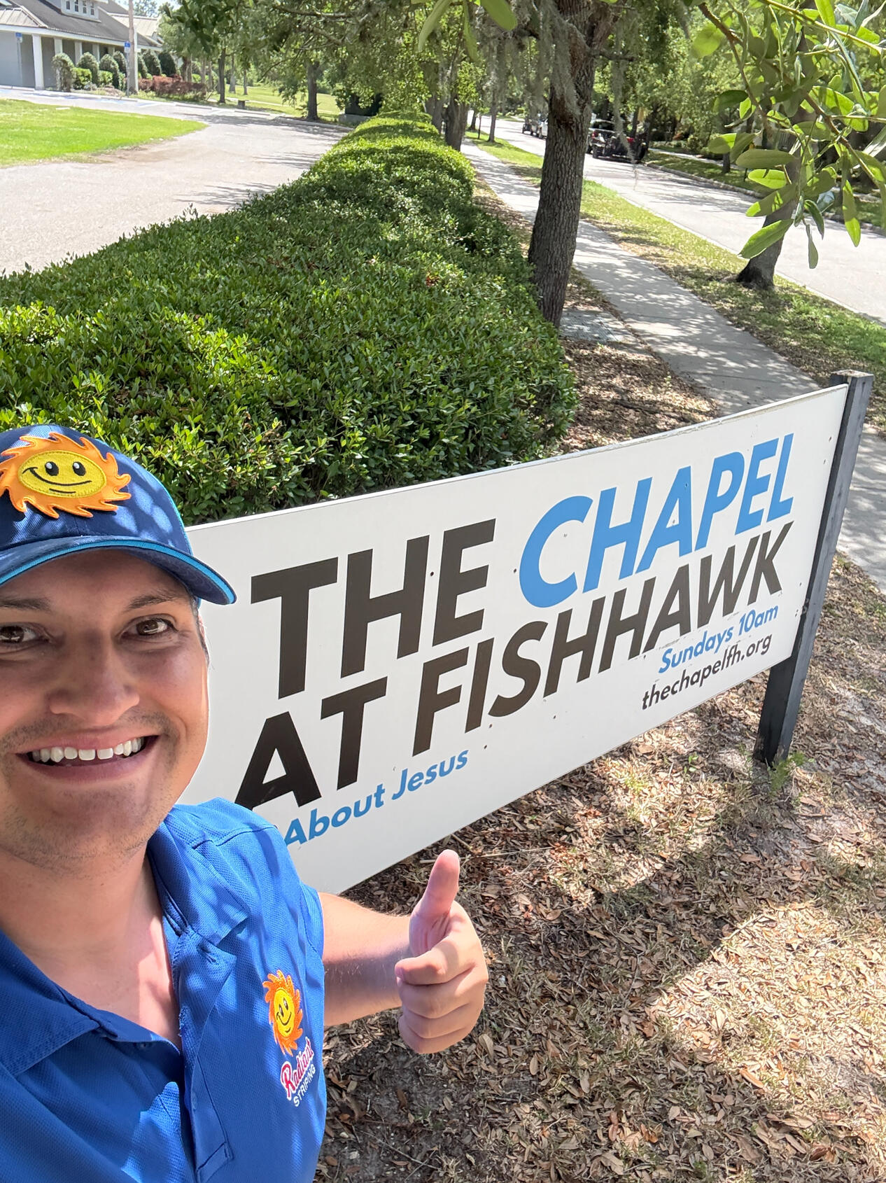 The Chapel At Fishhawk in Lithia Florida parking lot striping by Radiant Striping of Tampa Florida. Parking lot striping radiant striping logo selfie picture.